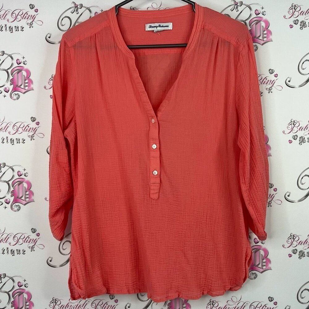 Tommy Bahama shirt long sleeves lightweight orange boating Coral V-Neck Blouse